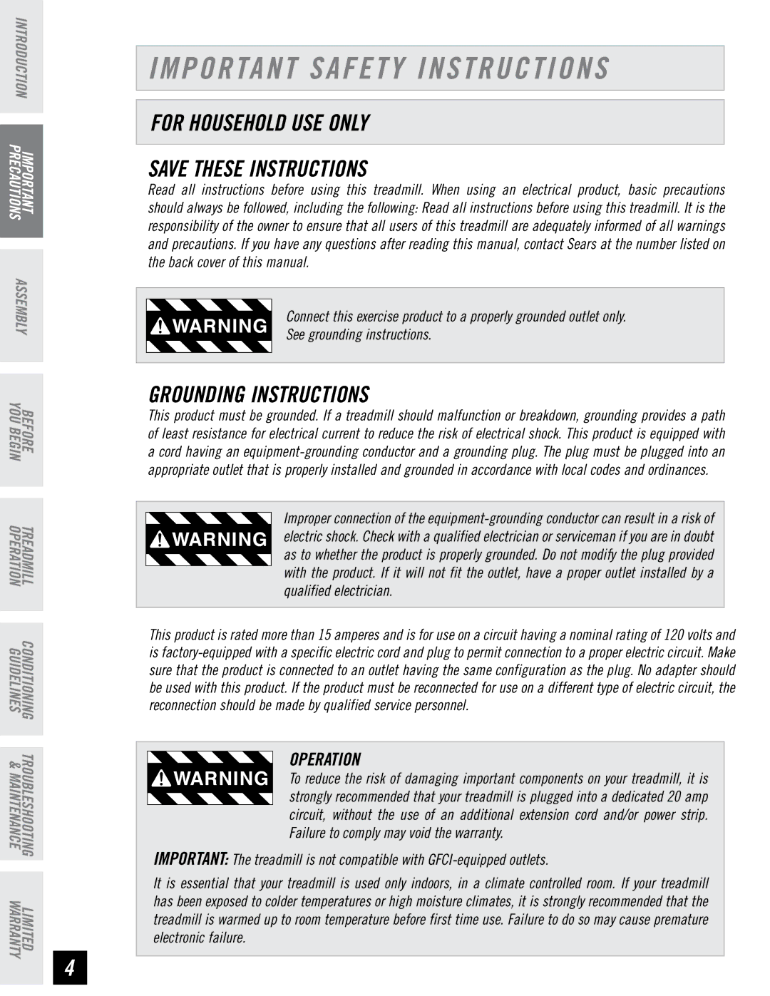 Horizon Fitness T6, T4 manual Important Safety Instructions, For Household USE only, Grounding Instructions, Operation 