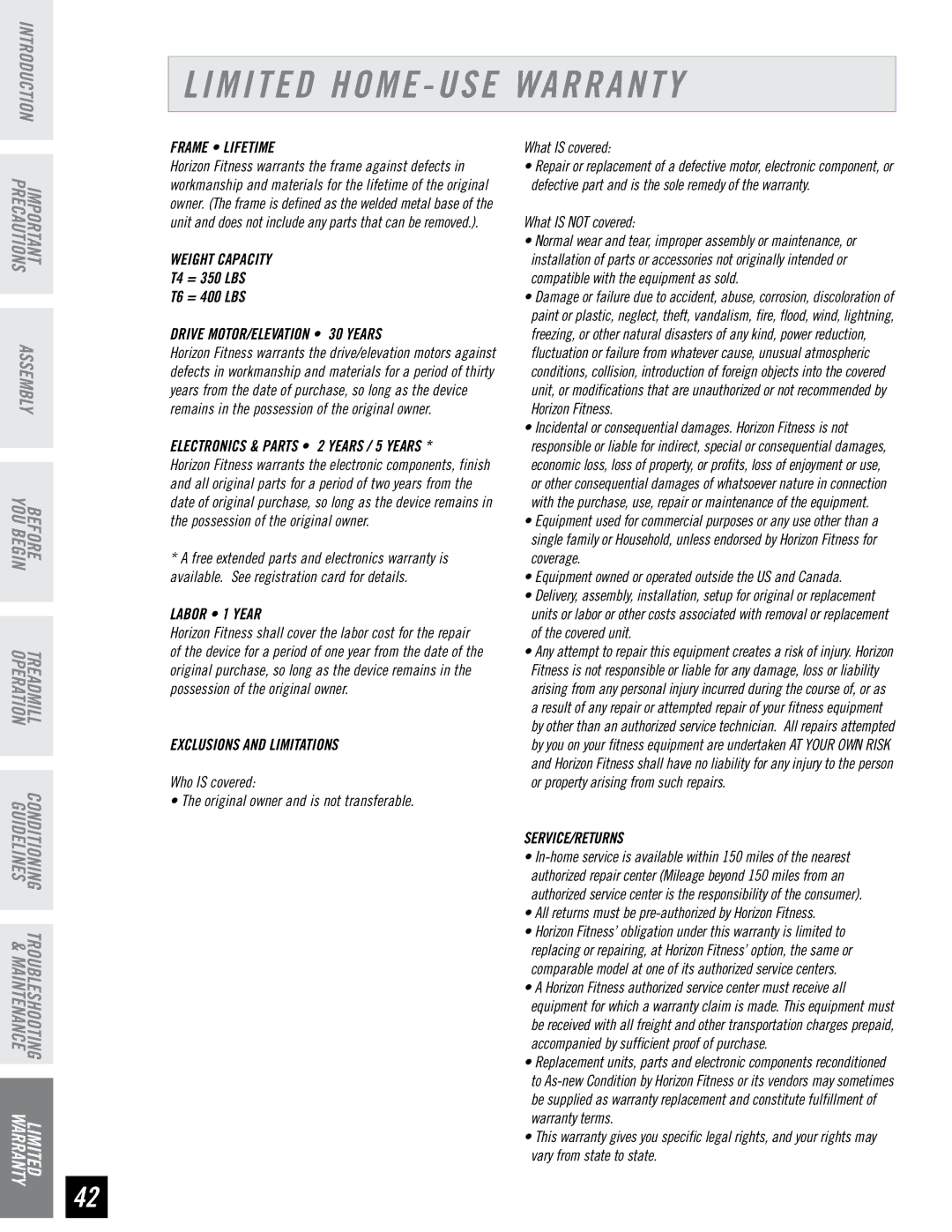Horizon Fitness T6, T4 manual Limited Home USE Warranty, Frame Lifetime 