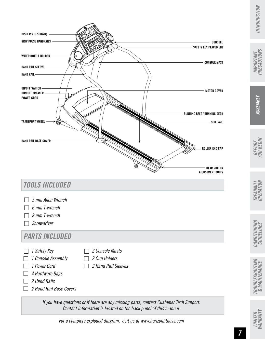 Horizon Fitness T4, T6 manual Tools Included, Parts Included 