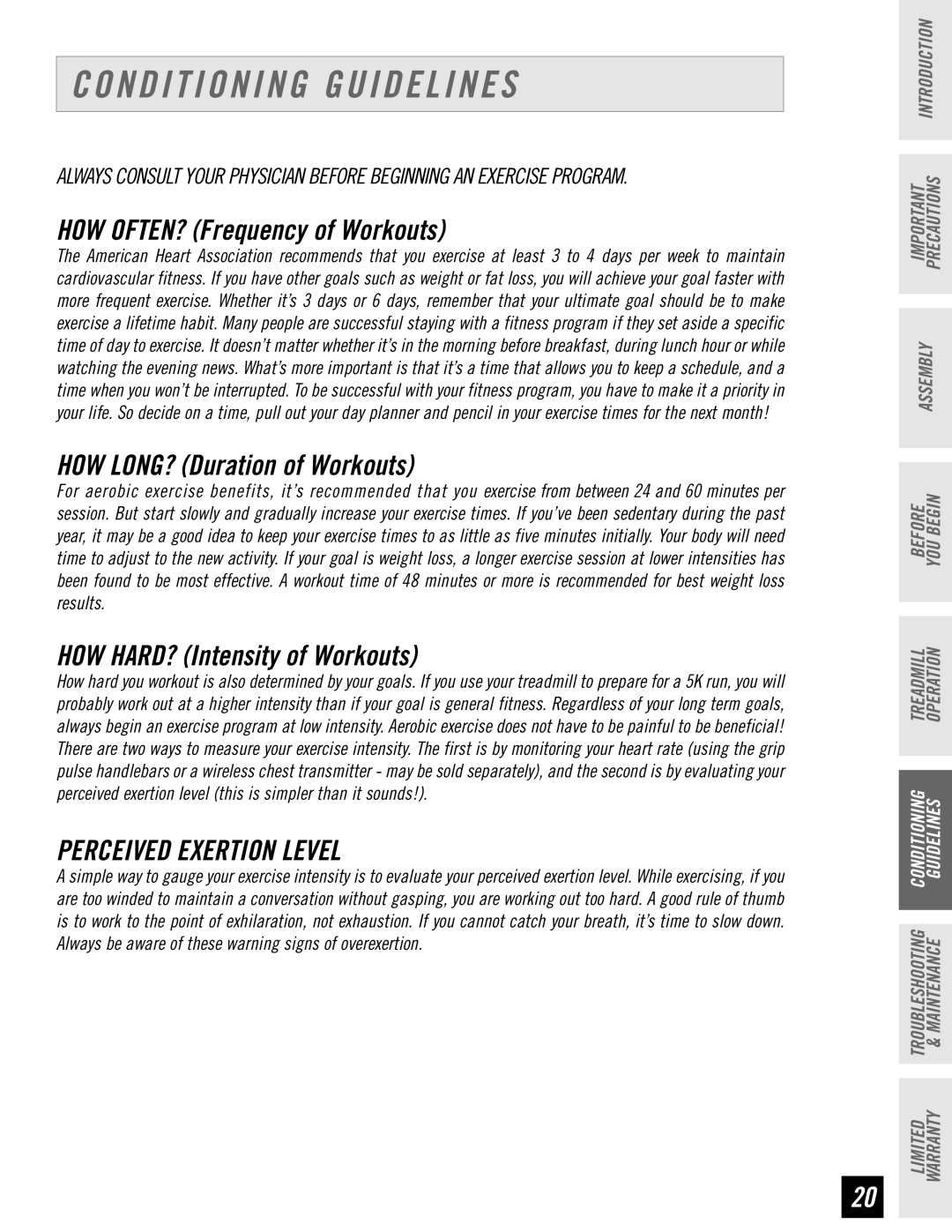 Horizon Fitness T61, T62, T64, T63 manual Conditioning Guidelines, Perceived Exertion Level 