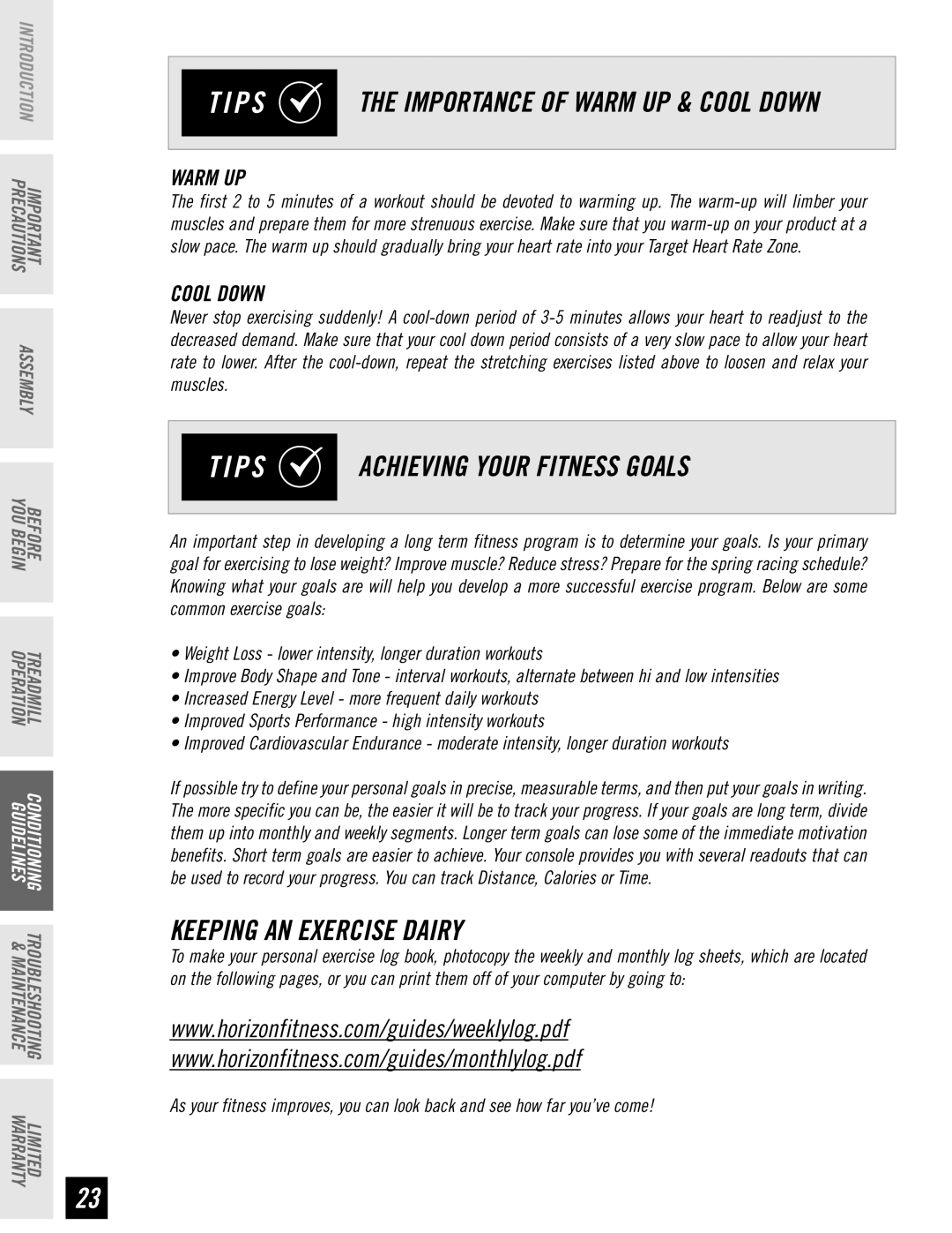 Horizon Fitness T62, T61, T64, T63 manual Keeping AN Exercise Dairy, Warm UP, Cool Down 