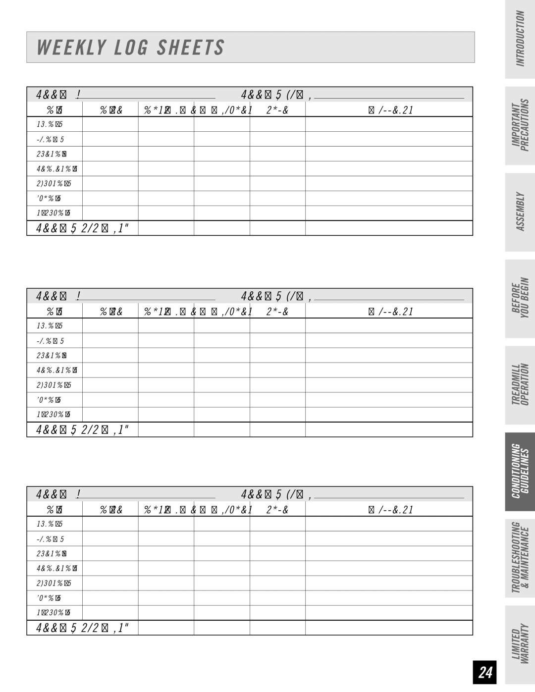 Horizon Fitness T61, T62, T64, T63 manual Weekly LOG Sheets, Weekly Totals 