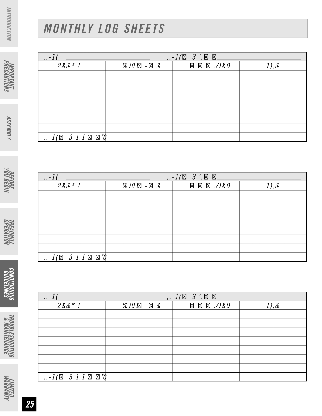 Horizon Fitness T64, T62, T61, T63 manual Monthly LOG Sheets, Month Monthly Goal Week # Distance Calories, Monthly Totals 