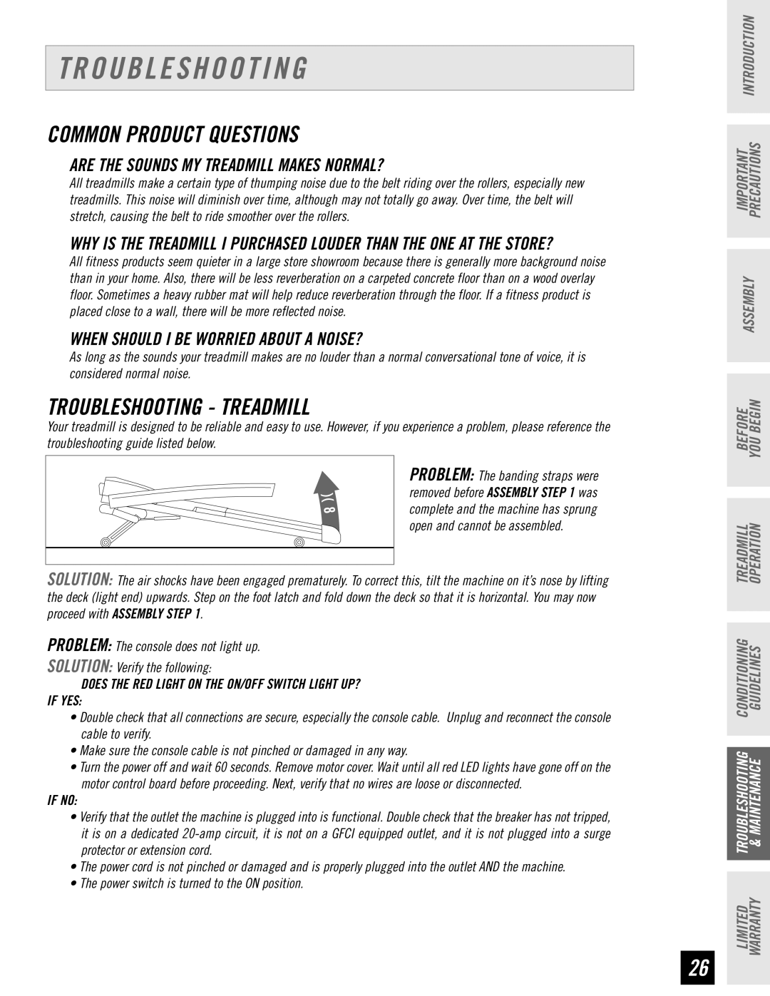 Horizon Fitness T63, T62, T61, T64 manual Common Product Questions, Troubleshooting Treadmill 