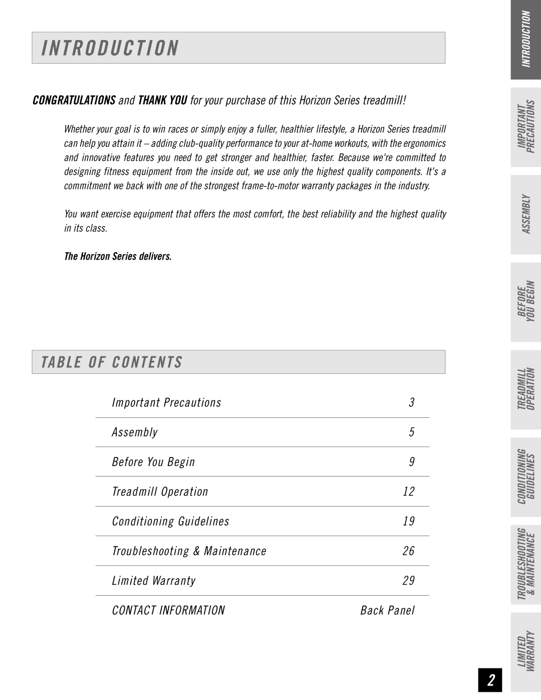 Horizon Fitness T63, T62, T61, T64 manual T R O D U C T I O N, Table of Contents 