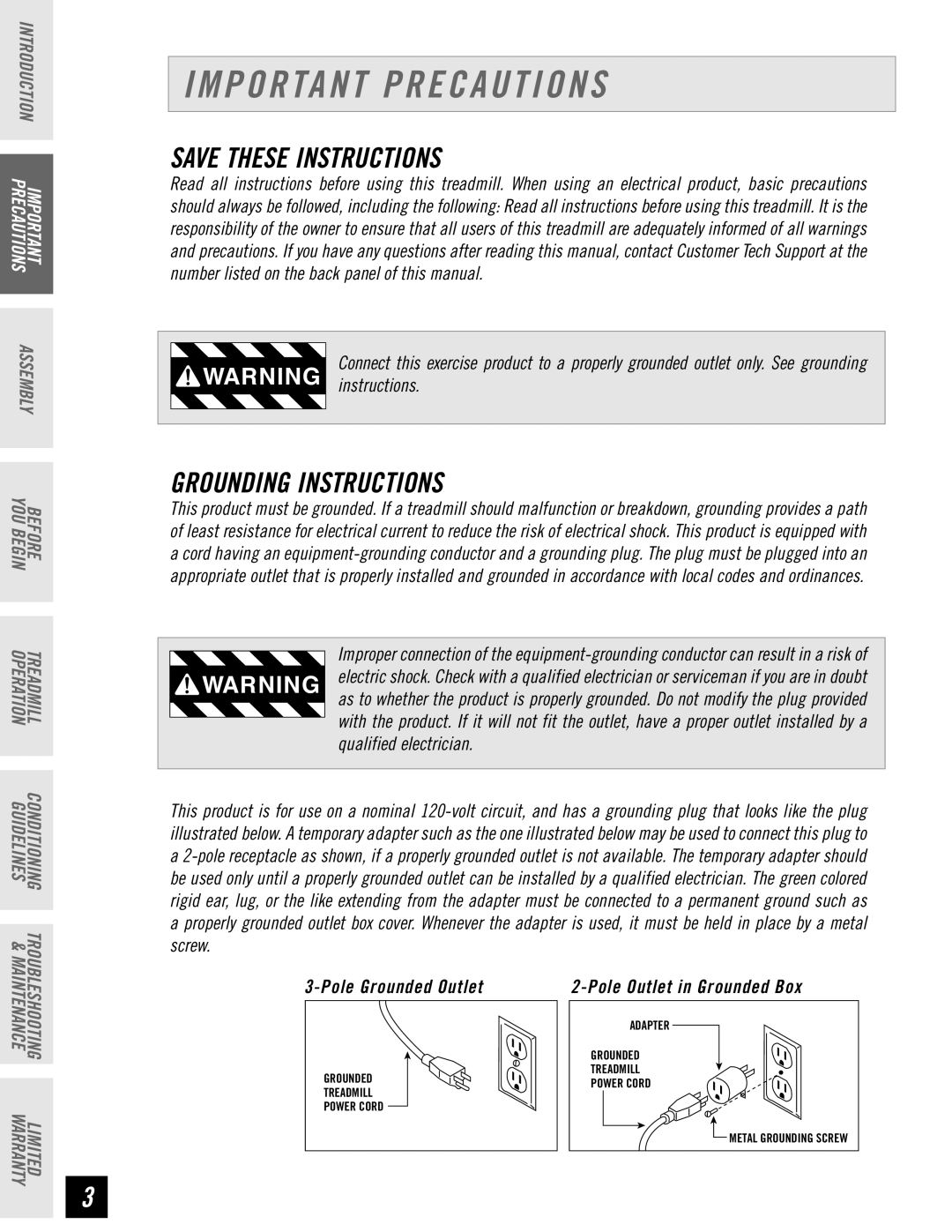 Horizon Fitness T62, T61, T64, T63 manual Important Precautions, Grounding Instructions 