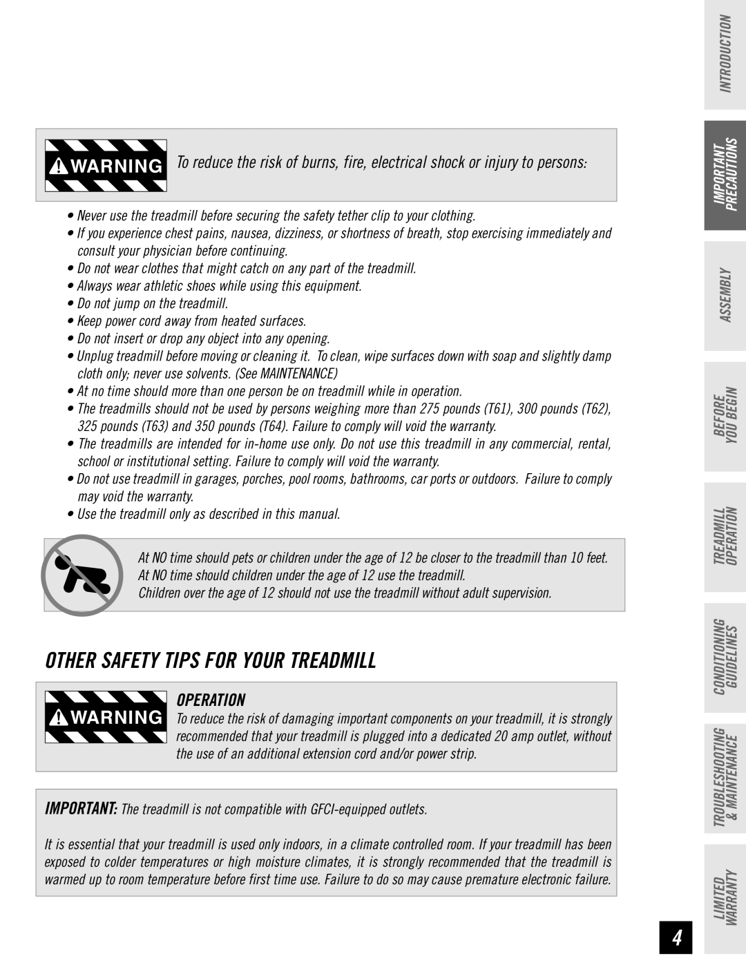 Horizon Fitness T61, T62, T64, T63 manual Other Safety Tips for Your Treadmill, Operation 