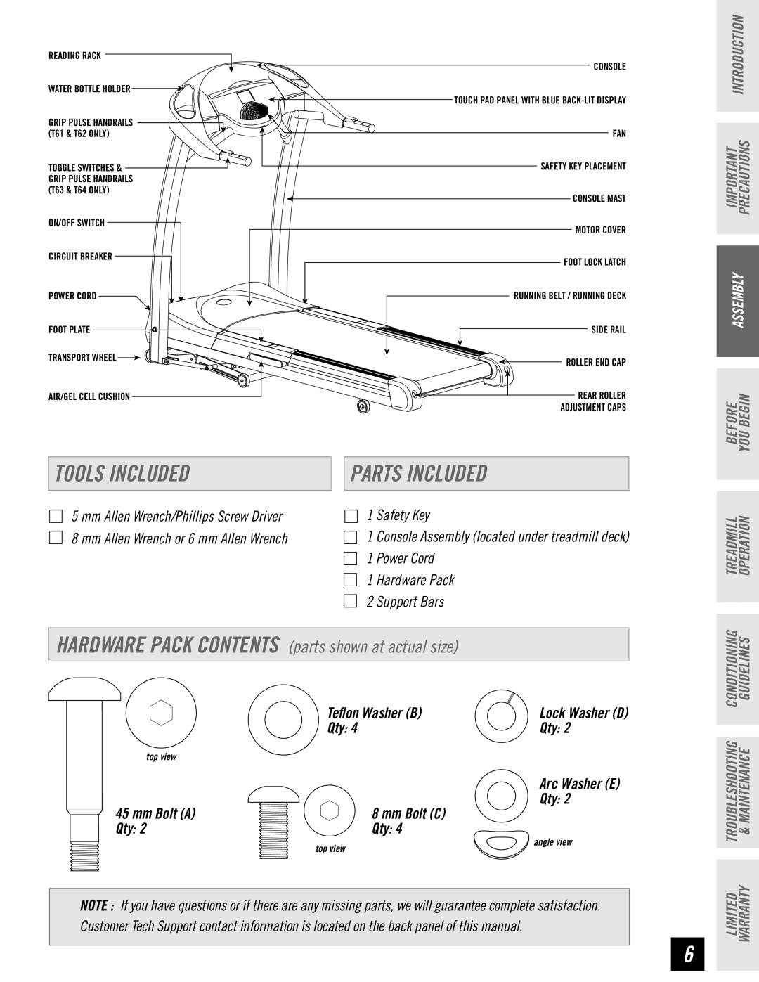 Horizon Fitness T63, T62, T61, T64 manual Tools Included Parts Included 