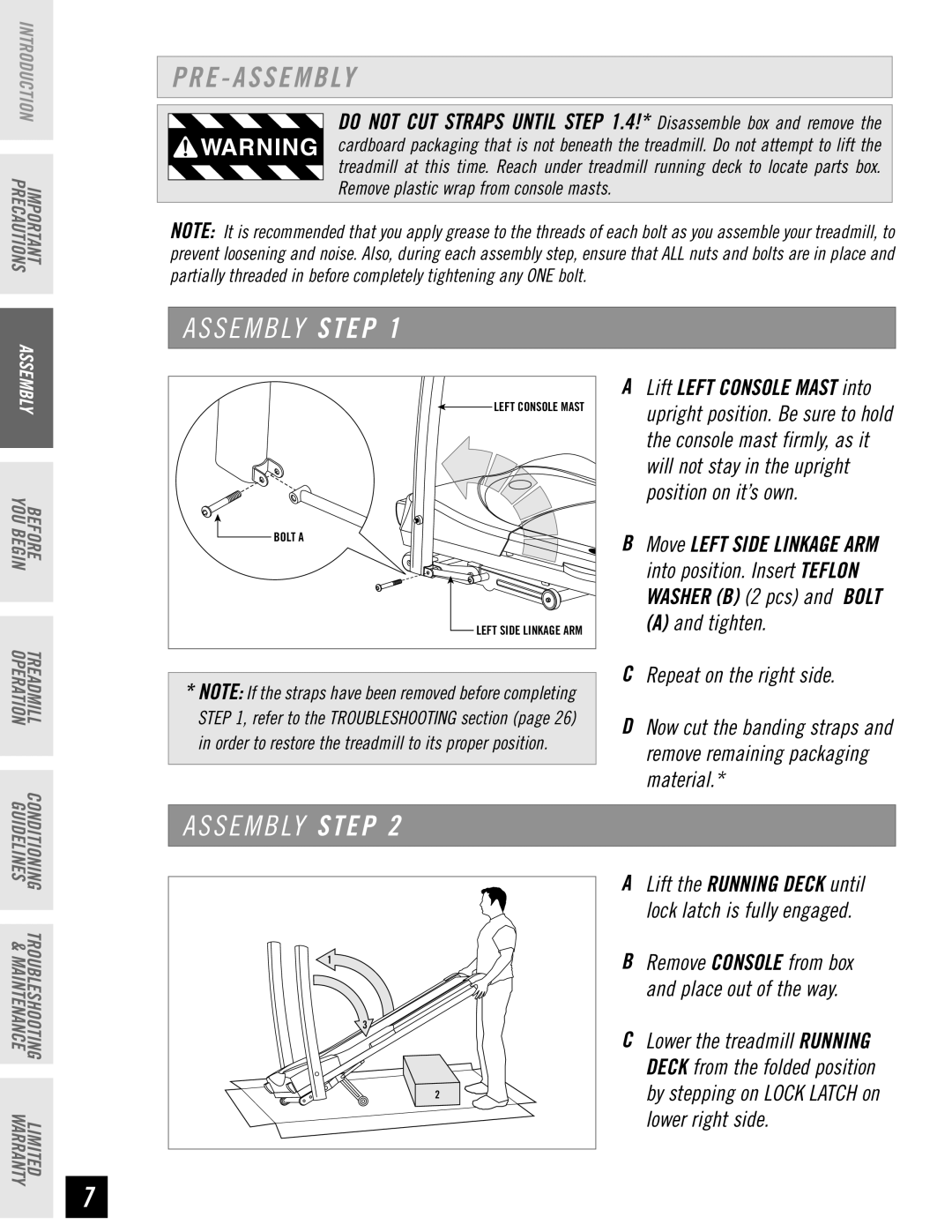 Horizon Fitness T62, T61, T64, T63 manual Tighten Repeat on the right side, By stepping on Lock Latch on lower right side 