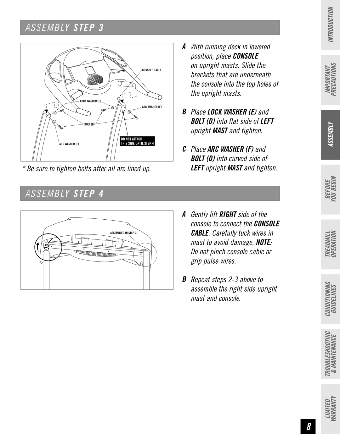 Horizon Fitness T61, T62, T64, T63 manual Be sure to tighten bolts after all are lined up 