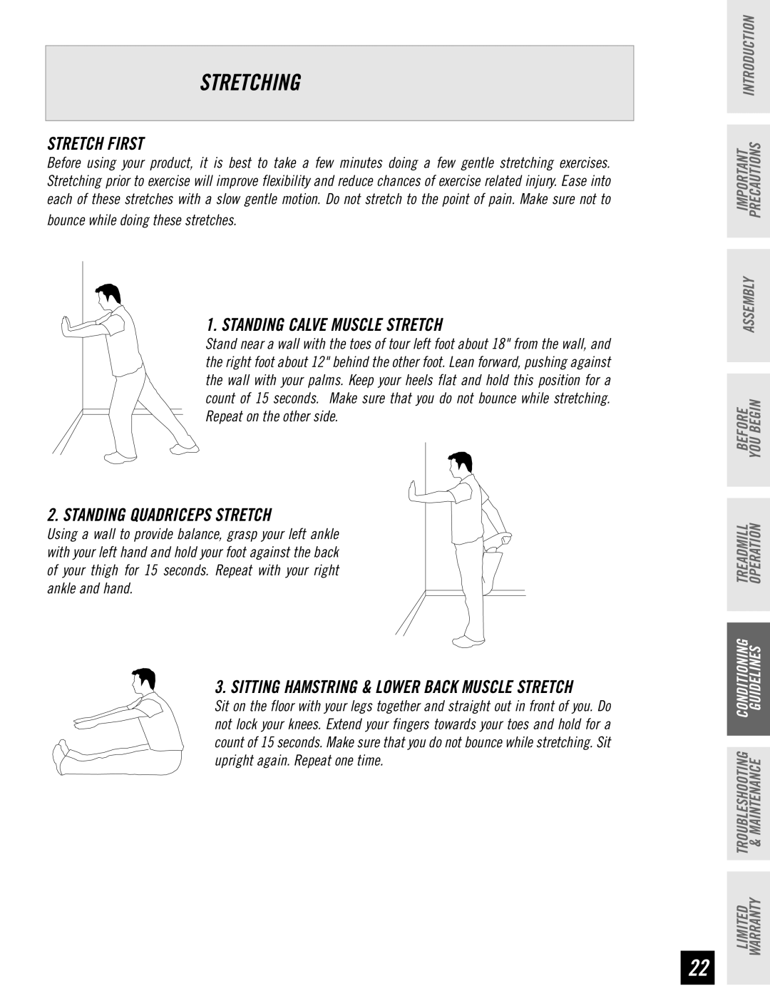 Horizon Fitness T63, T62 Stretching, Stretch First, Standing Calve Muscle Stretch, Standing Quadriceps Stretch, Assembly 