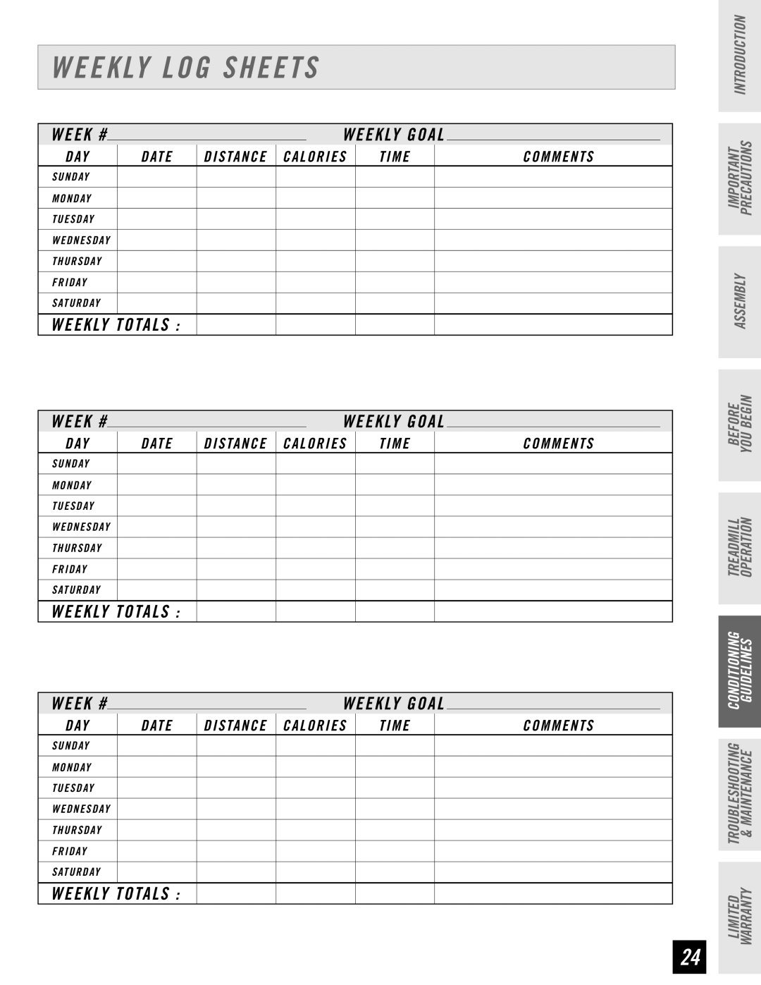 Horizon Fitness T61, T62 Weekly Log Sheets, Assembly, Important Precautions Introduction, Weekly Goal, Before You Begin 