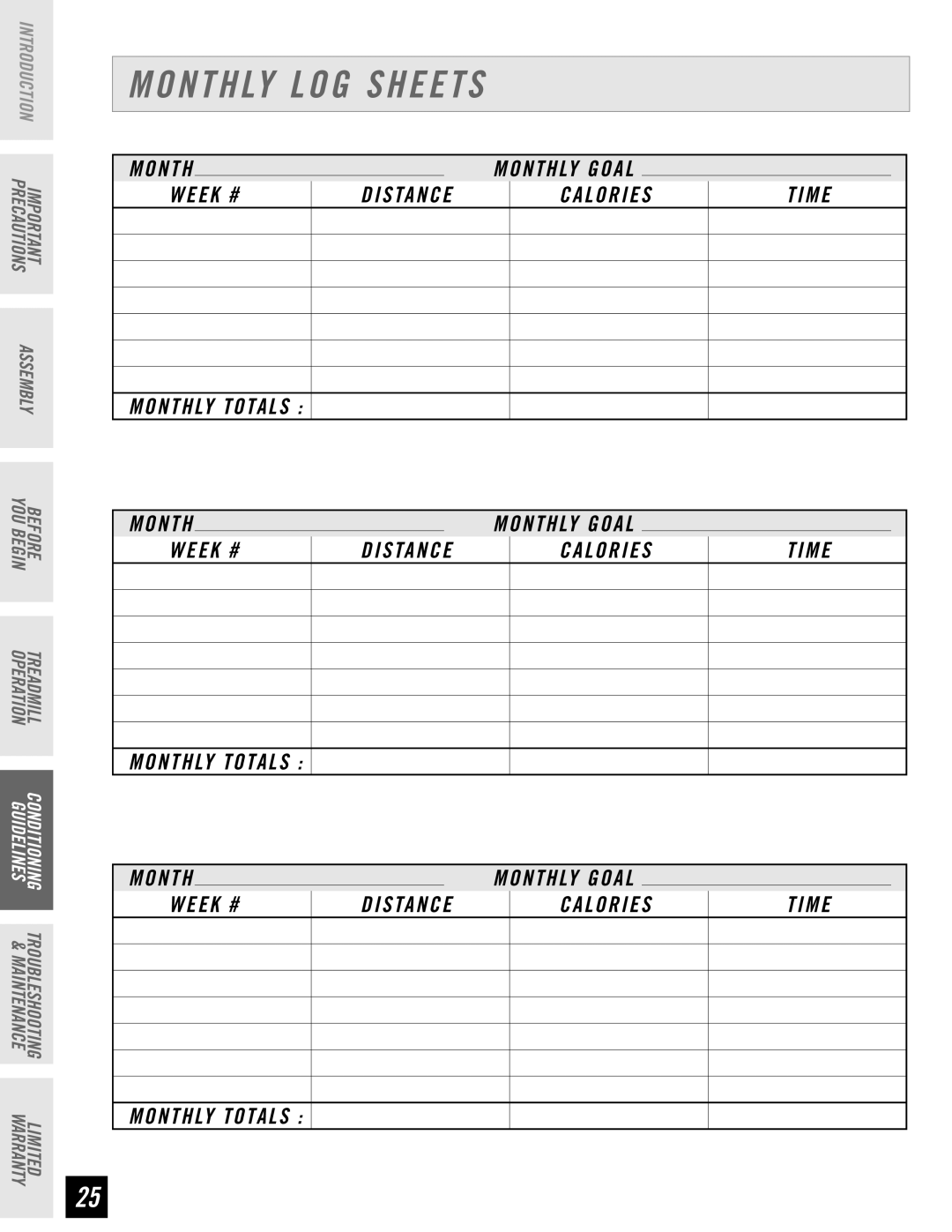 Horizon Fitness T64, T62, T61, T63 manual Monthly Log Sheets 