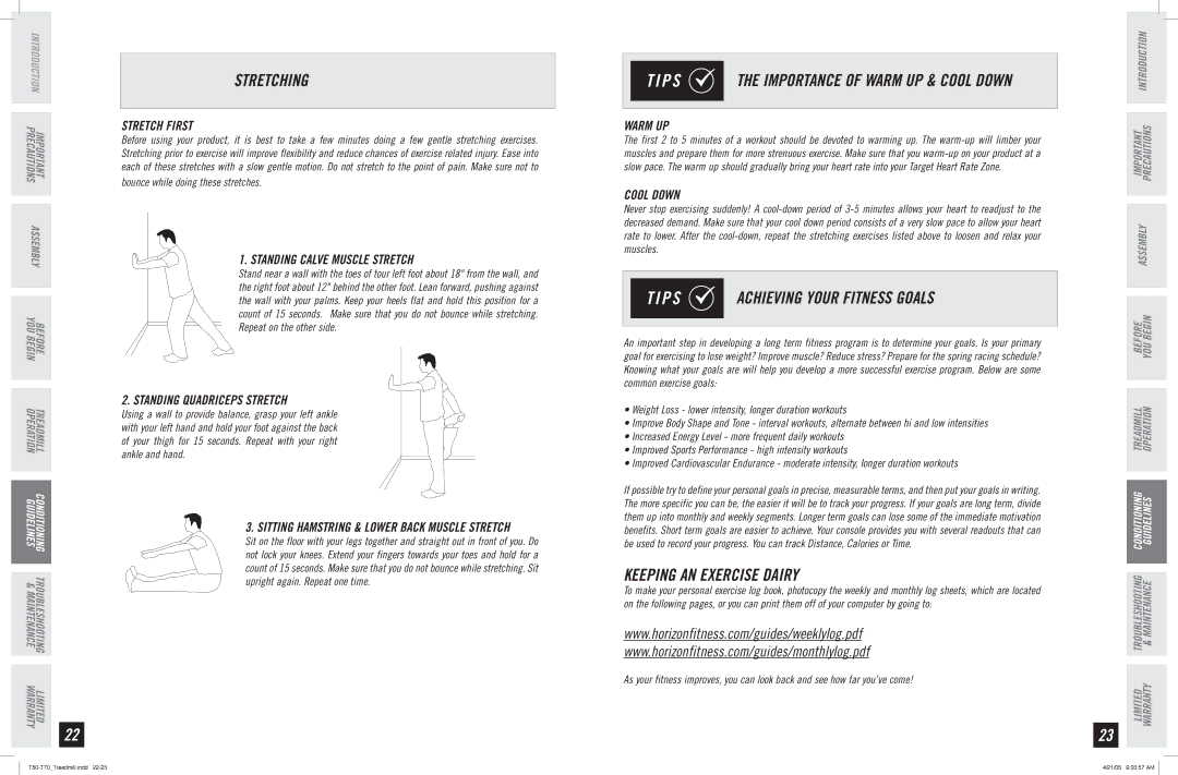 Horizon Fitness T70, T50 manual Stretching, P S Achieving Your Fitness Goals, Keeping AN Exercise Dairy 