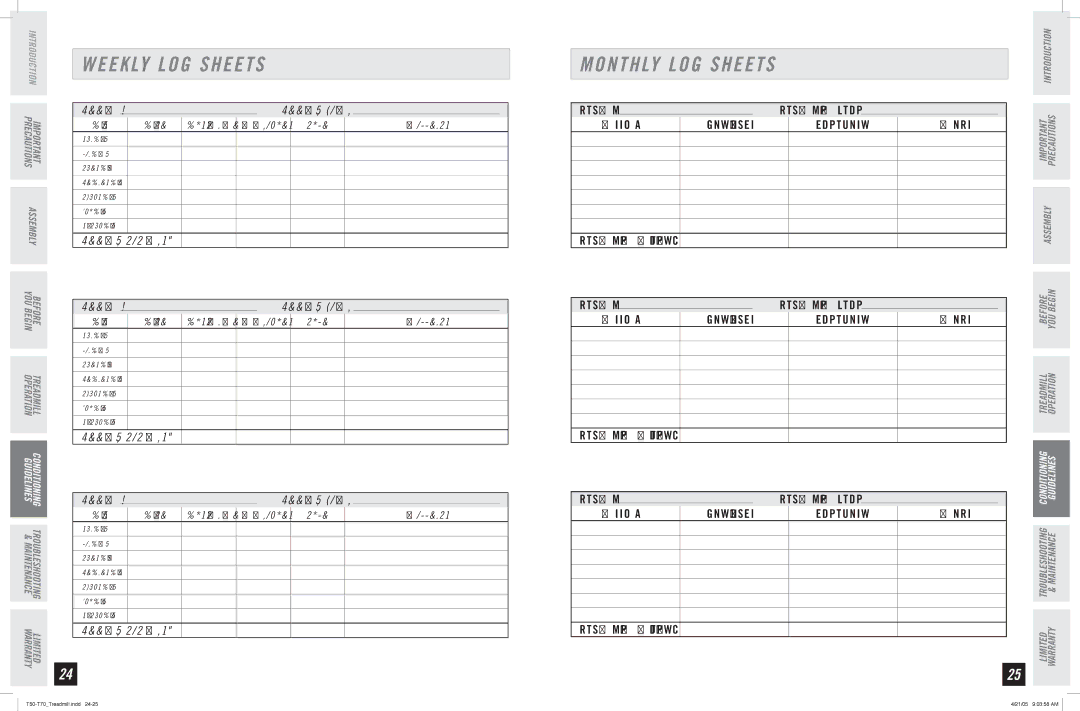 Horizon Fitness T50, T70 manual Monthly LOG Sheets, Week # Distance Calories Time Monthly Totals 