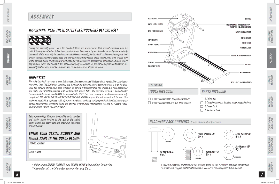 Horizon Fitness T70, T50 manual S E M B Ly, Unpacking, Tools Included, Parts Included 
