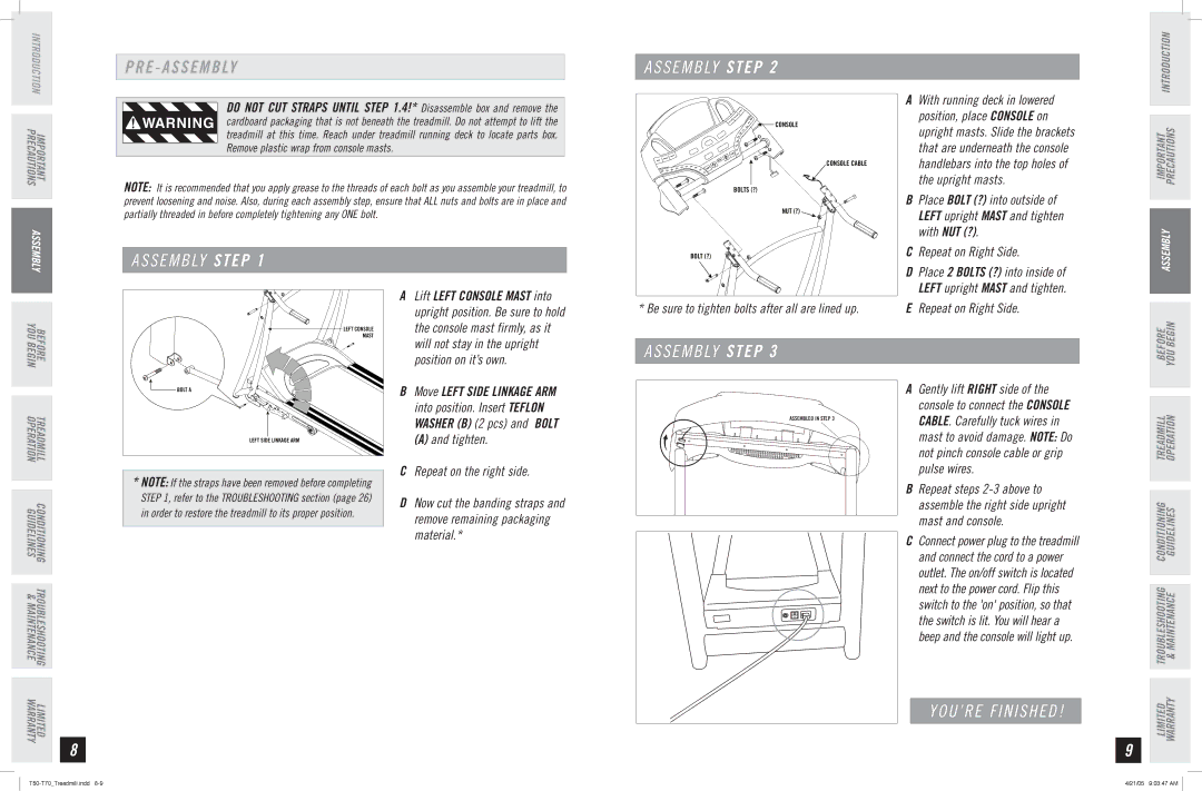 Horizon Fitness T50, T70 manual S E M B LY Step, Remove plastic wrap from console masts 