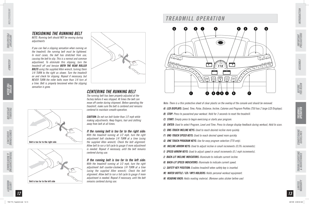 Horizon Fitness T50, T70 manual Treadmill Operation, Tensioning the Running Belt, Centering the Running Belt 