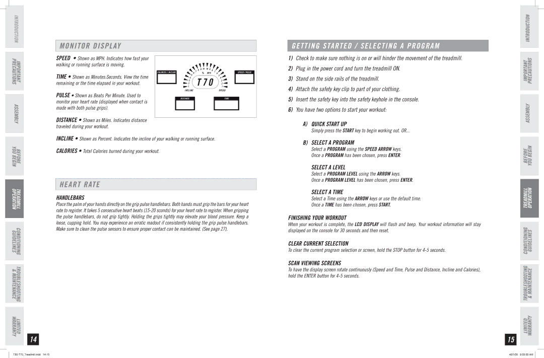 Horizon Fitness T70, T50 manual Monitor Display, Heart Rate 