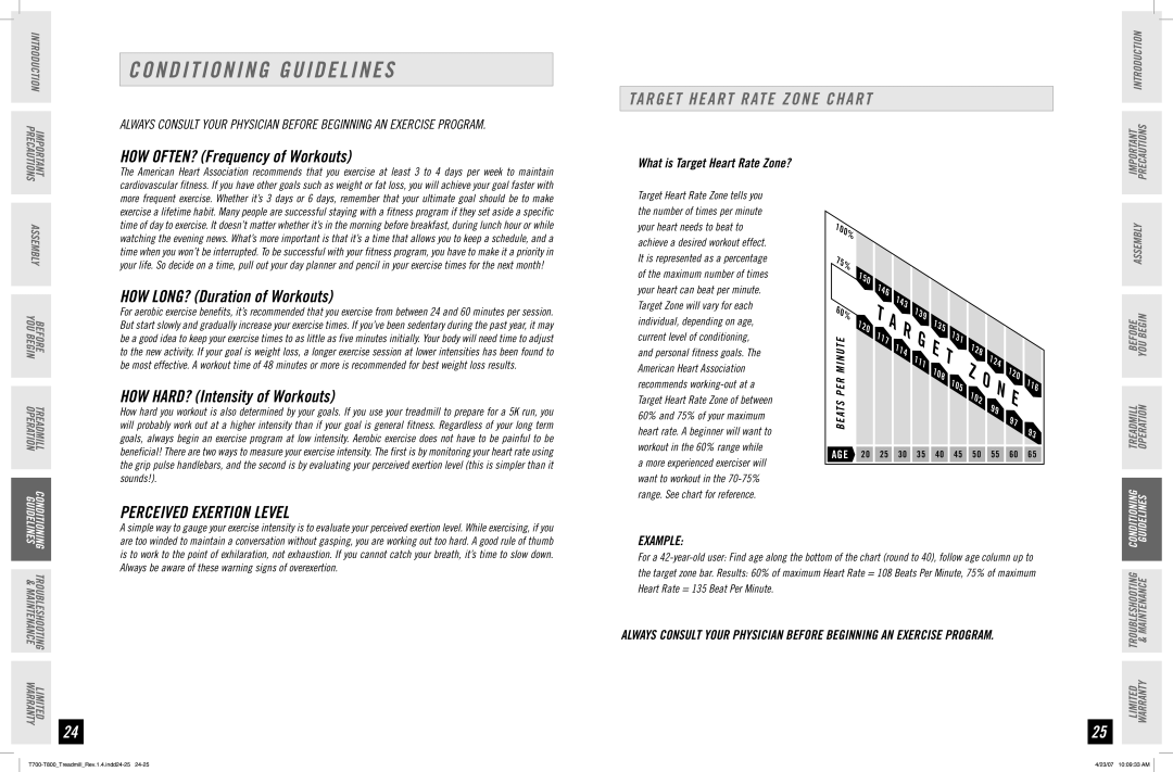 Horizon Fitness T800, T700 manual Conditioning Guidelines, Target Heart Rate Zone Chart, Perceived Exertion Level, Example 