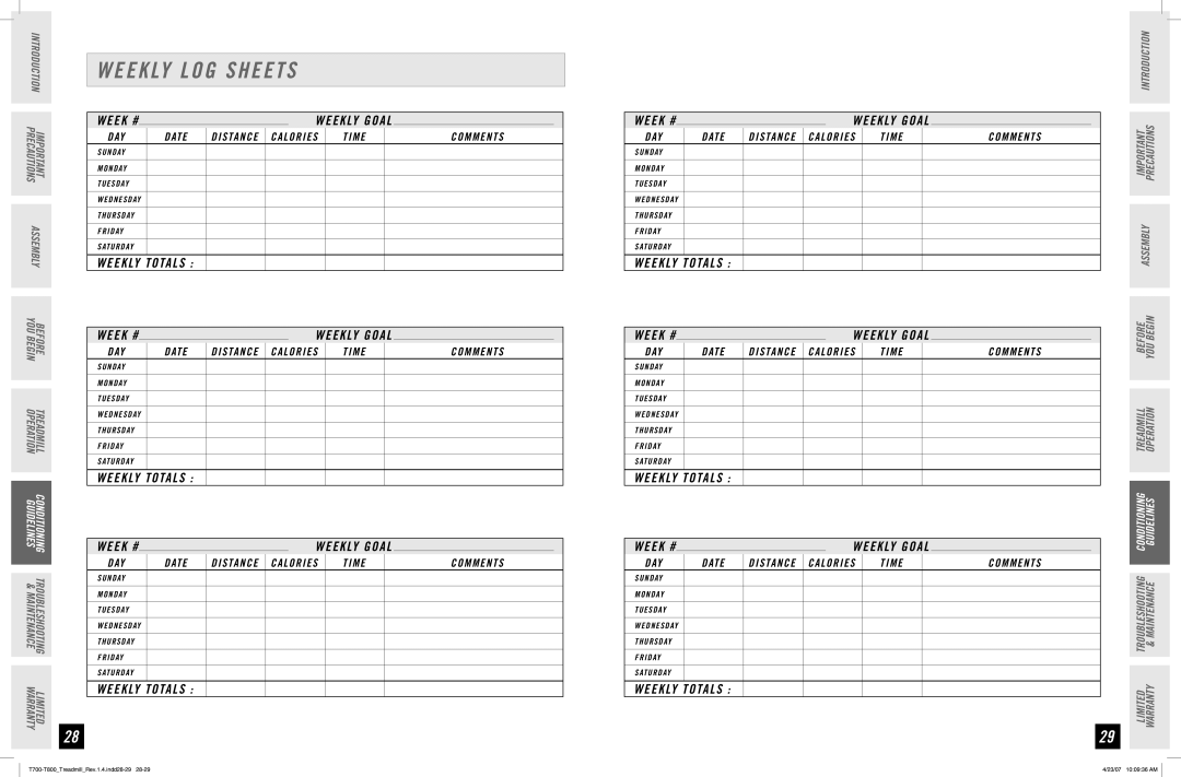 Horizon Fitness T800, T700 manual Weekly LOG Sheets, Weekly Totals 