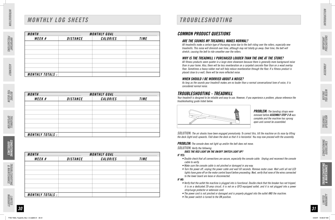 Horizon Fitness T700, T800 manual Monthly LOG Sheets, Common Product Questions, Troubleshooting Treadmill 