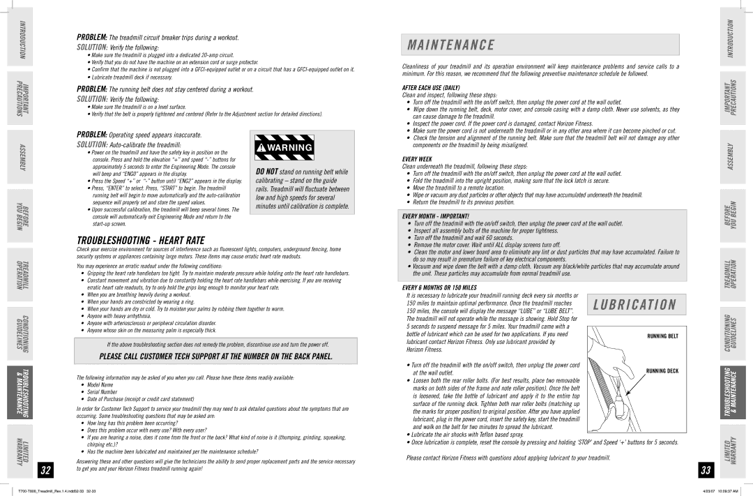 Horizon Fitness T800, T700 manual I N T E N a N C E, Troubleshooting Heart Rate 