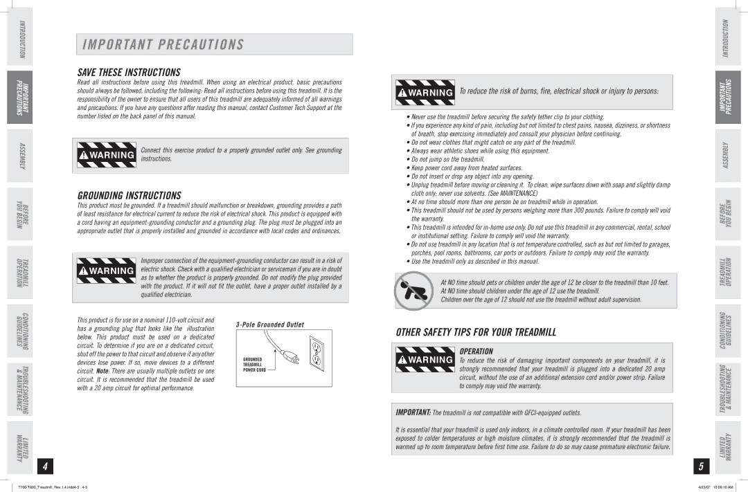 Horizon Fitness T800, T700 manual Important Precautions, Grounding Instructions, Operation 