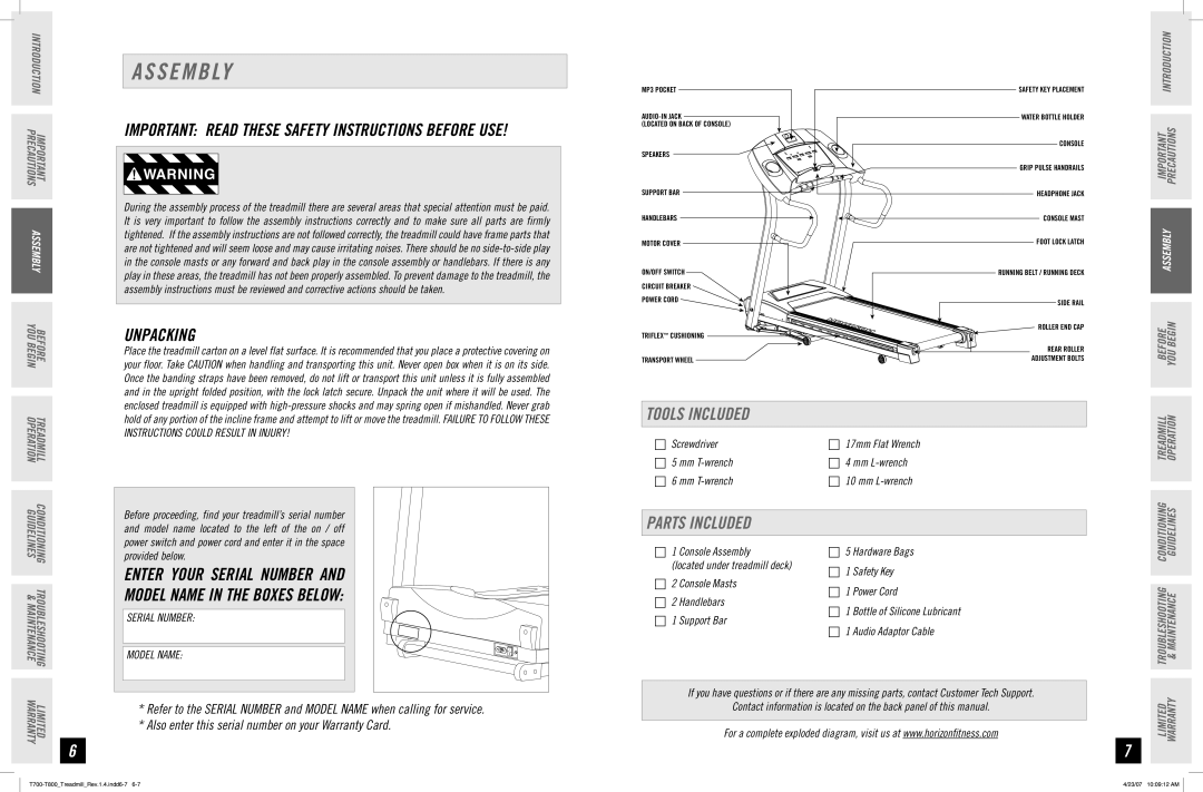 Horizon Fitness T700, T800 manual S E M B Ly, Unpacking, Tools Included, Parts Included 