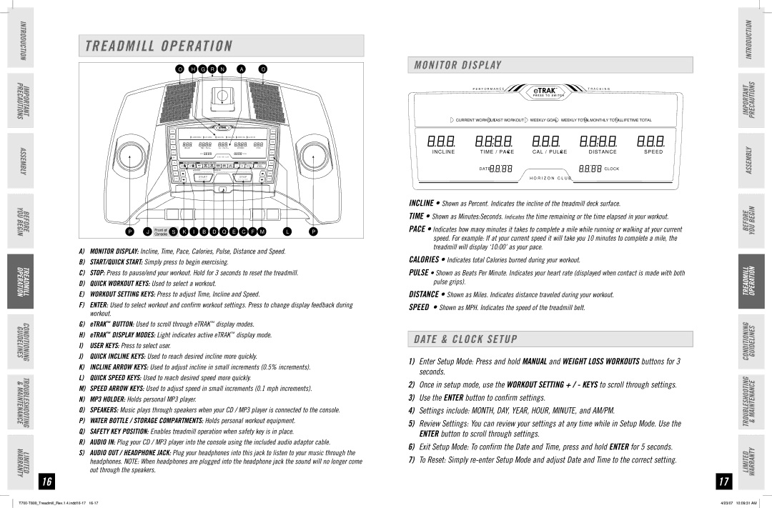 Horizon Fitness T800, T700 manual Treadmill Operation, Monitor Display, Date & Clock Setup, Out through the speakers 