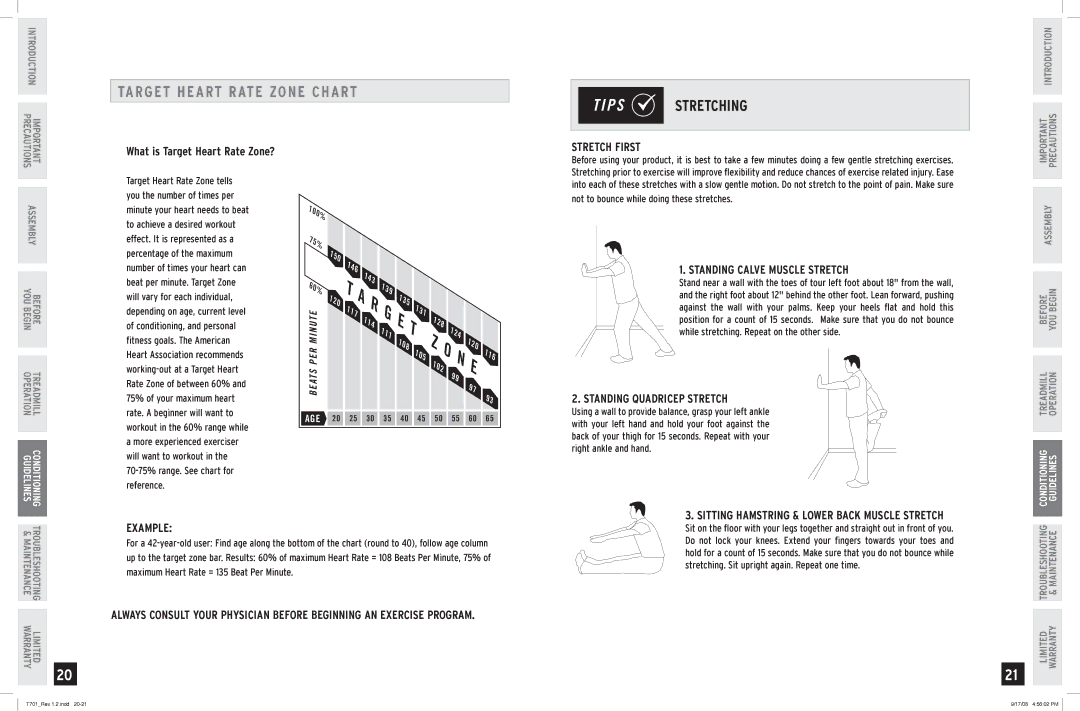 Horizon Fitness T701 TA Rget Heart Rate Zone Chart, P S Stretching, Stretch First, Standing Calve Muscle Stretch 