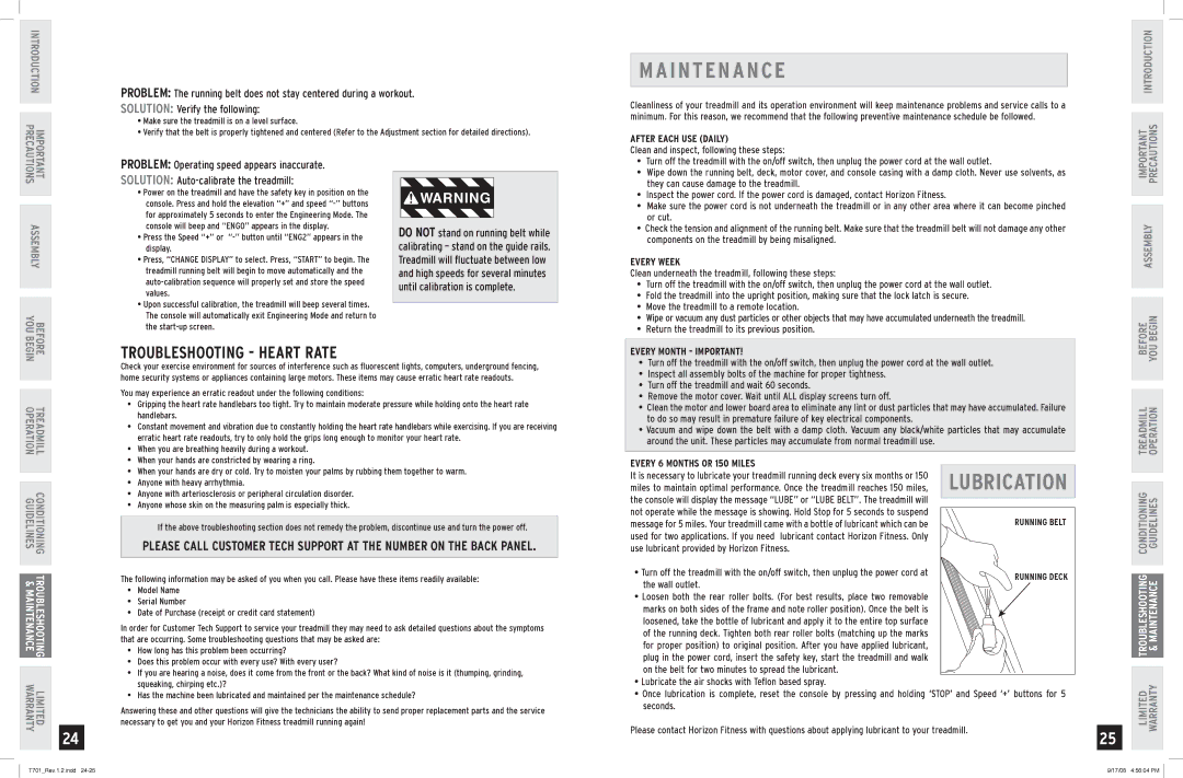 Horizon Fitness T701 owner manual I NTE N a NCE, Lubrication, Troubleshooting Heart Rate 