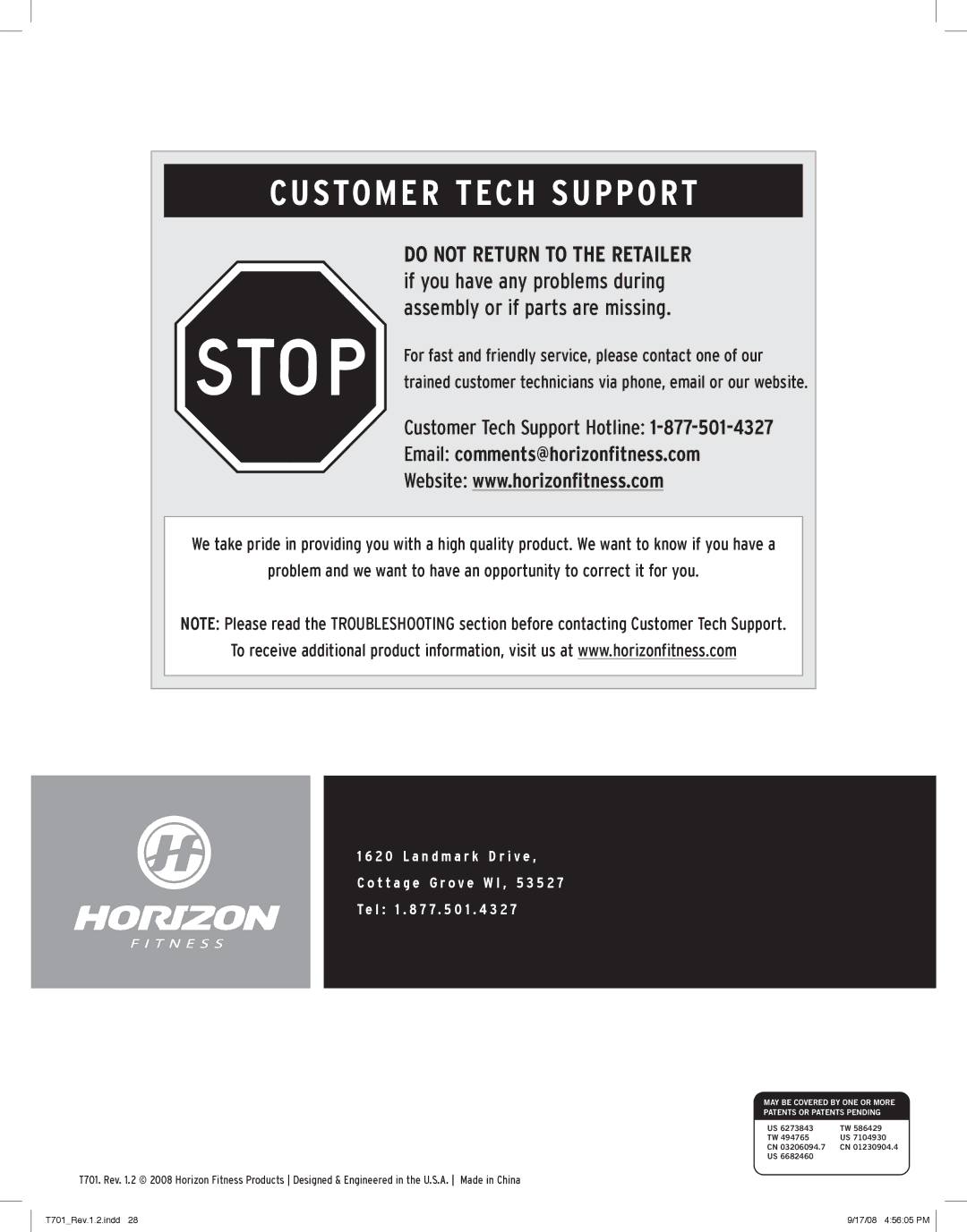 Horizon Fitness T701 owner manual CU Stom E R Tech Support, Email comments@horizonfitness.com 