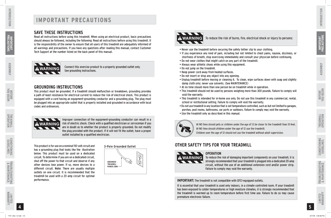 Horizon Fitness T701 owner manual MP Orta NT Precautions, Grounding Instructions, Operation 