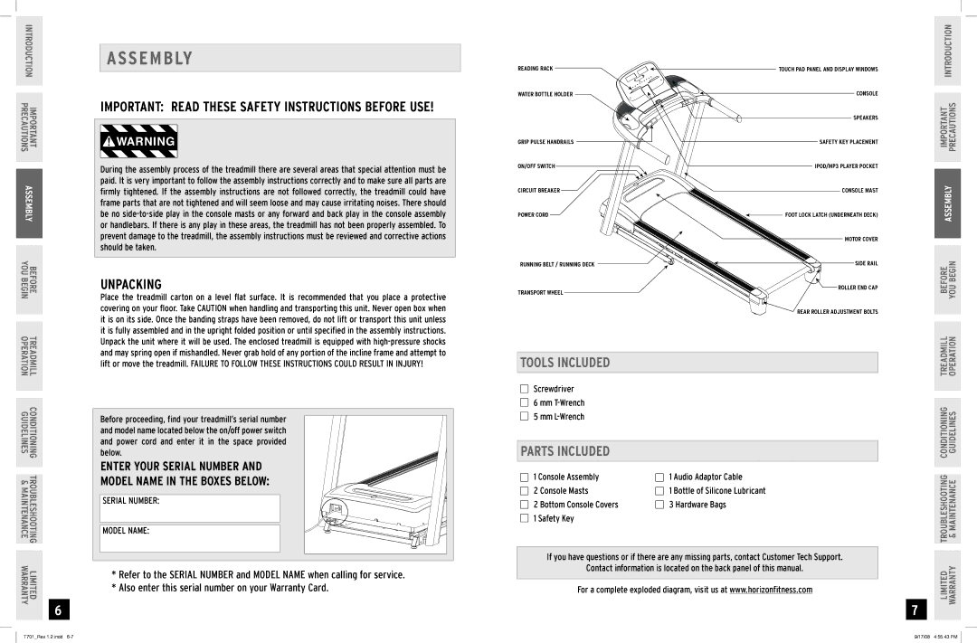 Horizon Fitness T701 owner manual ASS E Mbly, Unpacking, Tools Included, Parts Included 