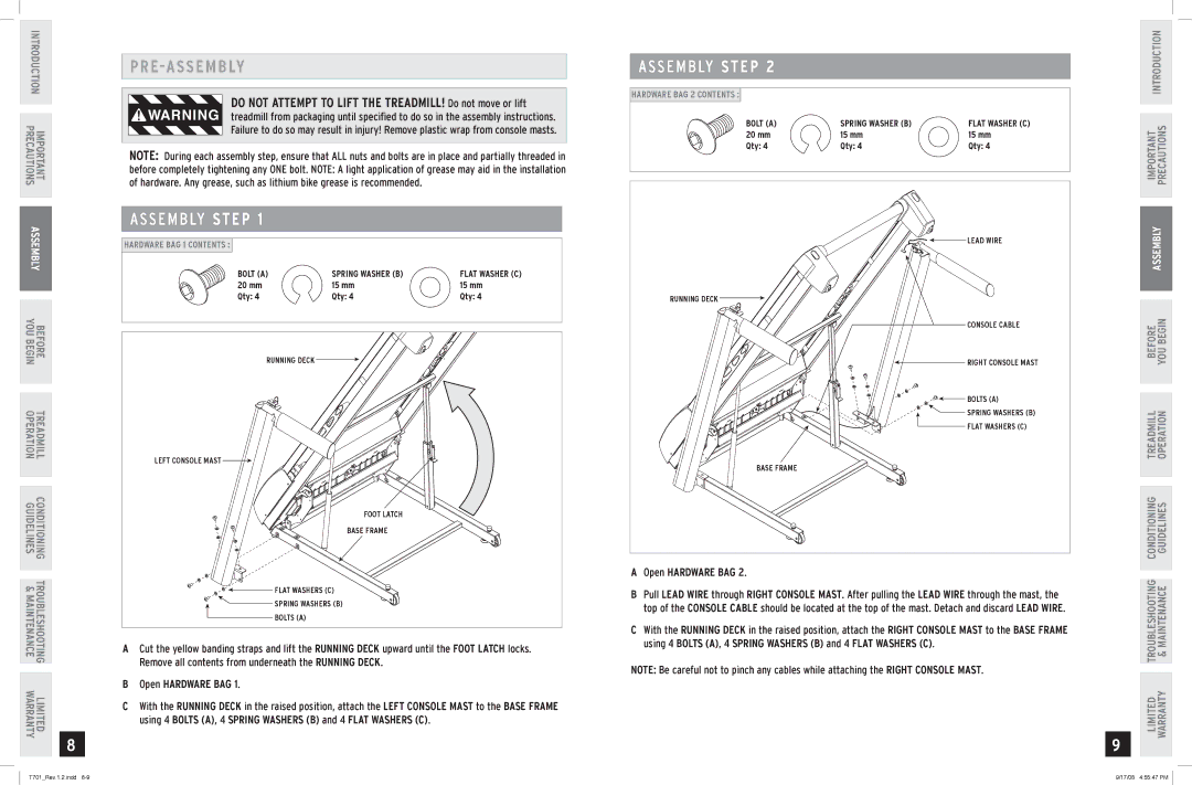 Horizon Fitness T701 owner manual Do not Attempt to Lift the TREADMILL! Do not move or lift 