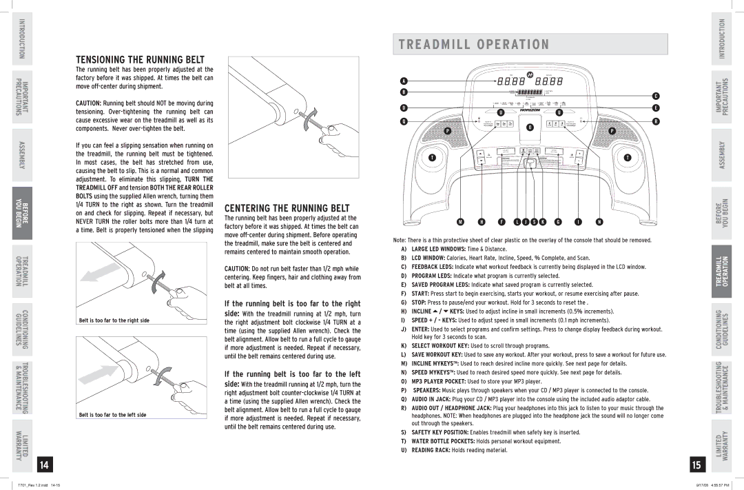 Horizon Fitness T701 owner manual TR E a D M I L L Operation, TENSIONING­THE Running Belt 