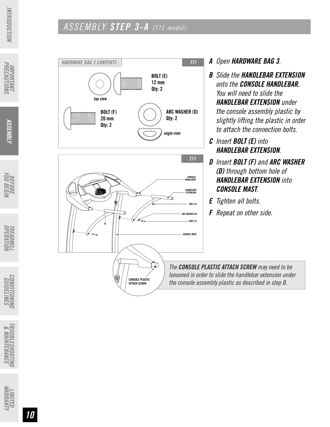 Horizon Fitness T71 T72 manual You will need to slide, Insert Bolt E into, Handlebar extension into, Console mast 