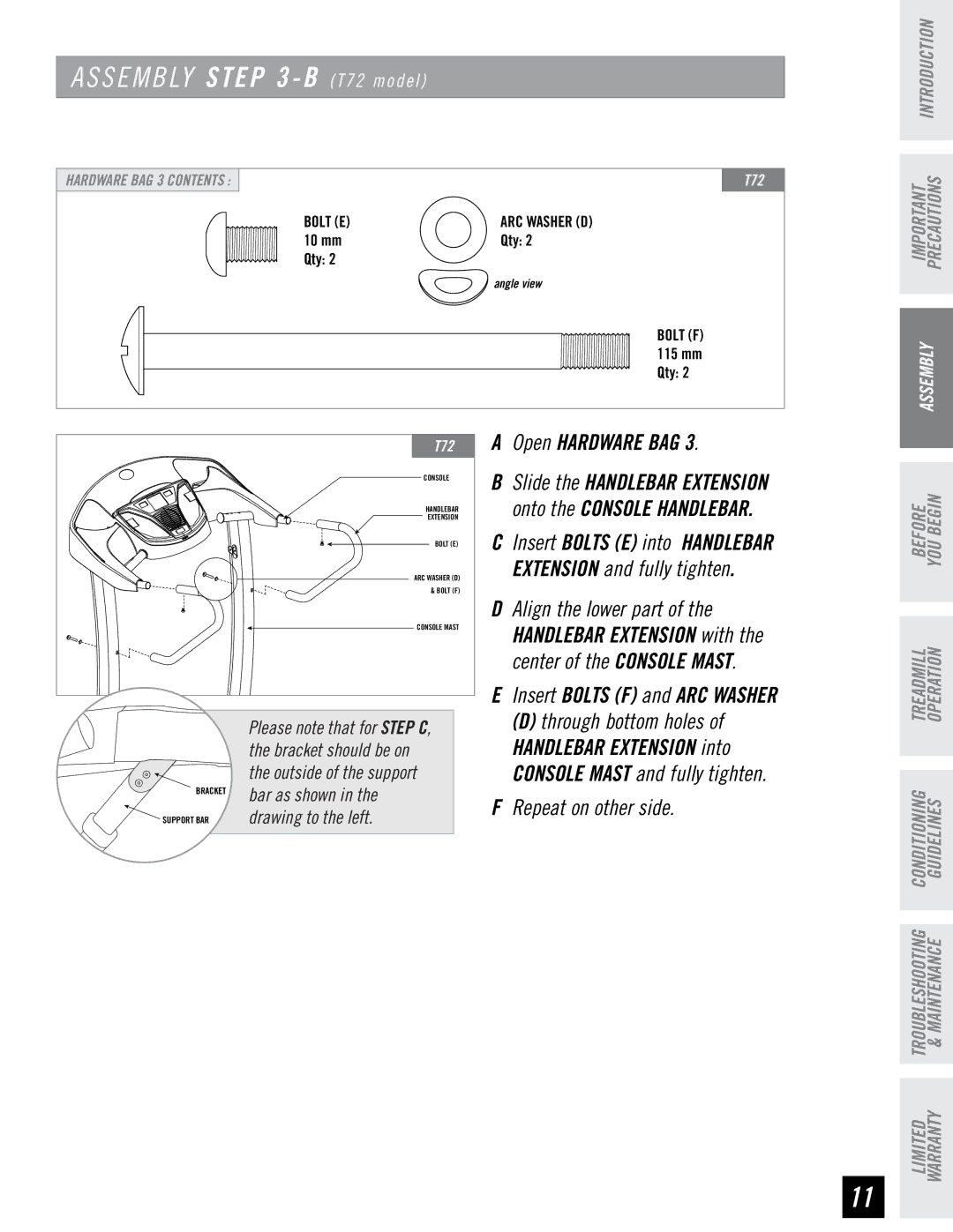 Horizon Fitness T71 T72 manual S E M B LY B T72 model, Insert Bolts F and ARC Washer 