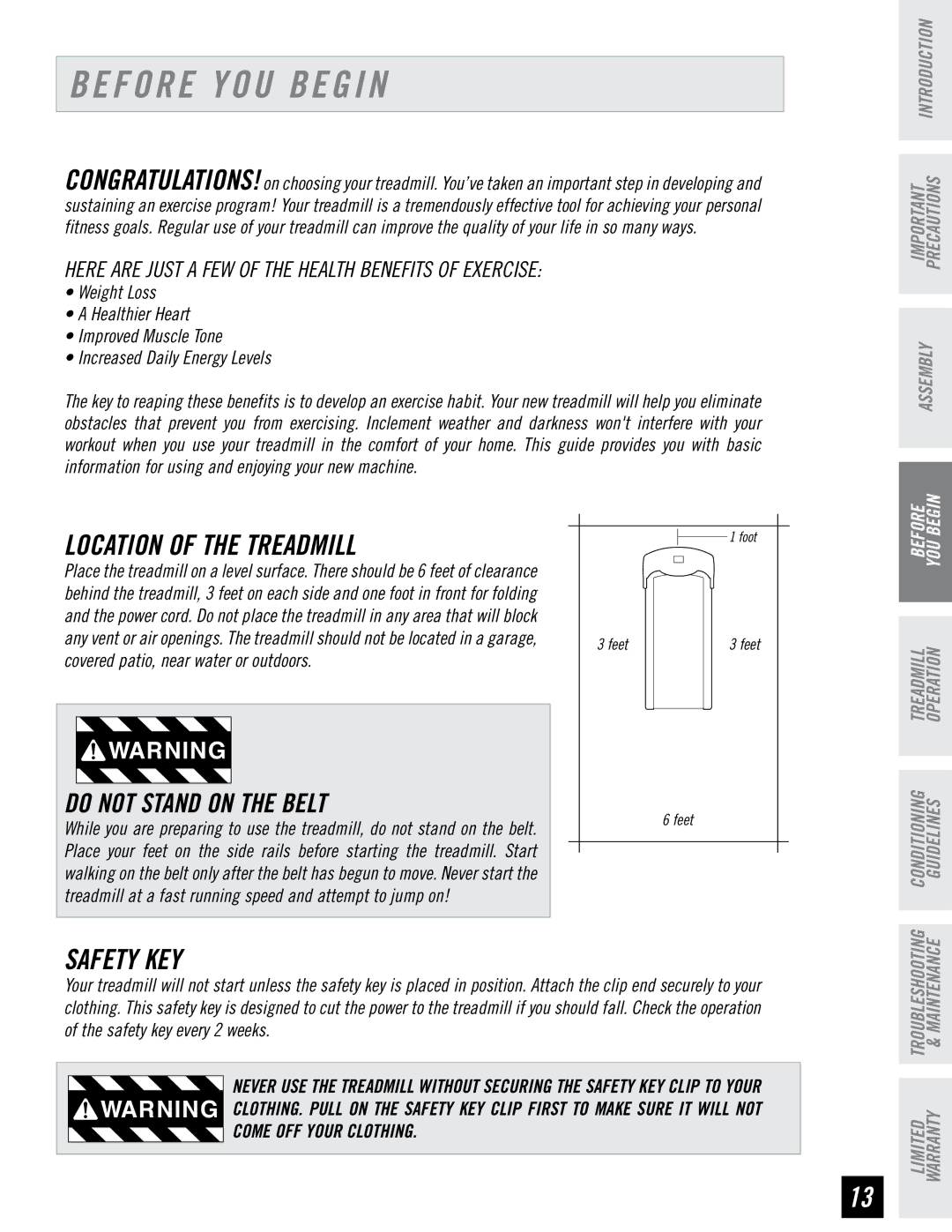 Horizon Fitness T71 T72 manual Before YOU Begin, Location of the Treadmill, Safety KEY 