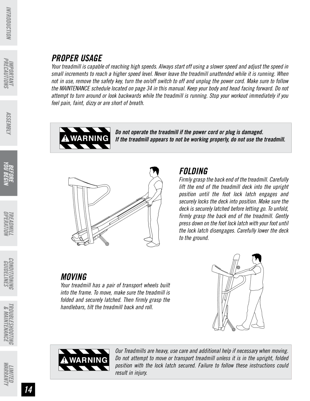 Horizon Fitness T71 T72 manual Proper Usage, Folding, Moving 