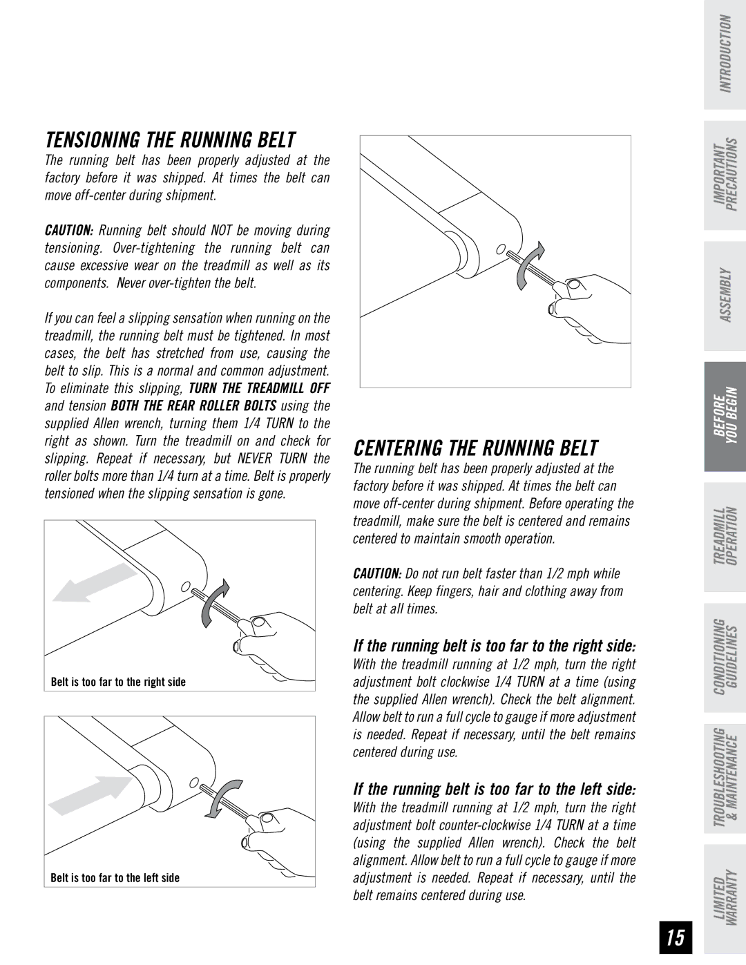 Horizon Fitness T71 T72 manual TENSIONING­THE Running Belt 