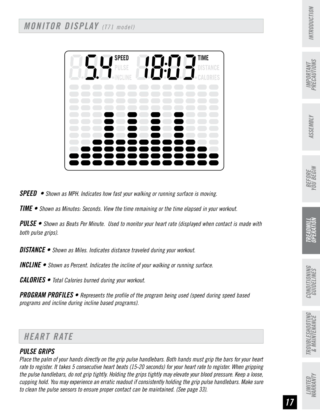 Horizon Fitness T71 T72 manual Monitor Display T71 model, Pulse Grips 