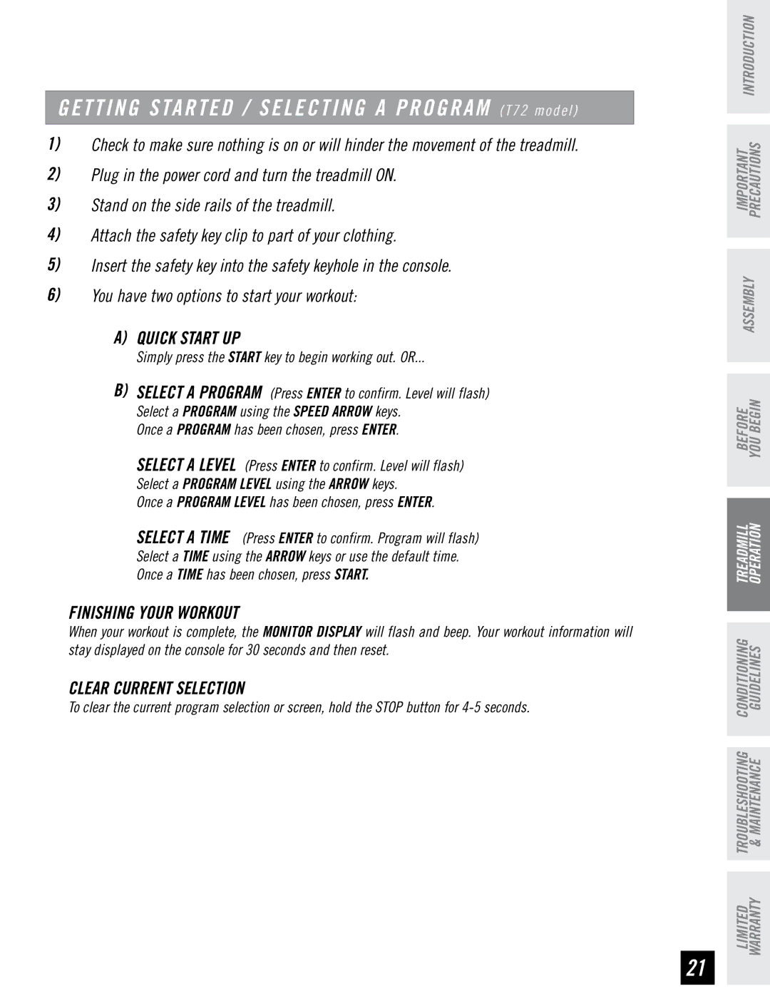 Horizon Fitness T71 T72 manual Getting Started / Selecting a Program T72 model 