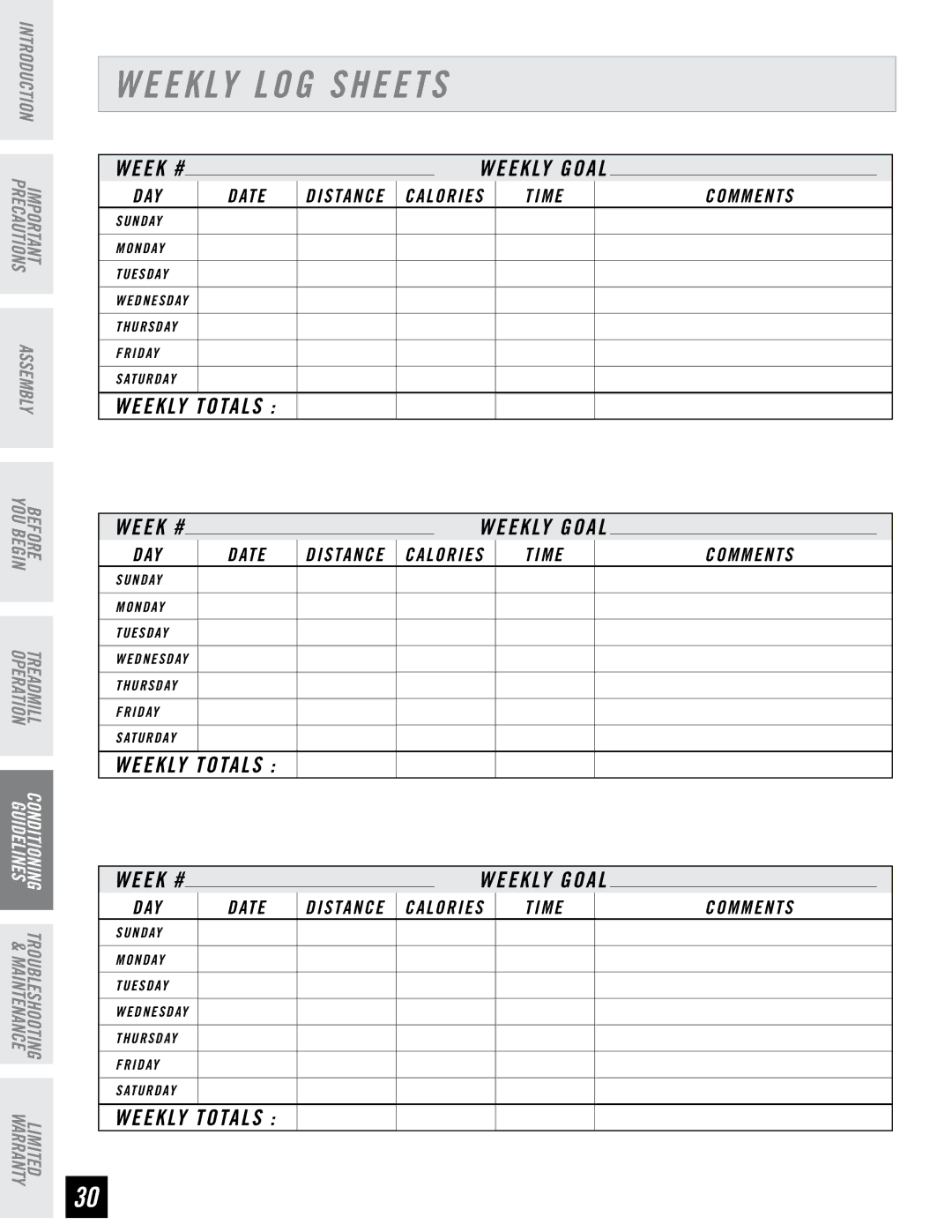 Horizon Fitness T71 T72 manual Weekly LOG Sheets, Weekly Totals 