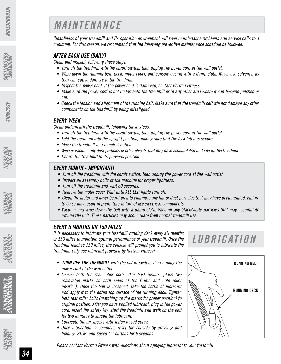 Horizon Fitness T71 T72 manual I N T E N a N C E, After Each USE Daily 