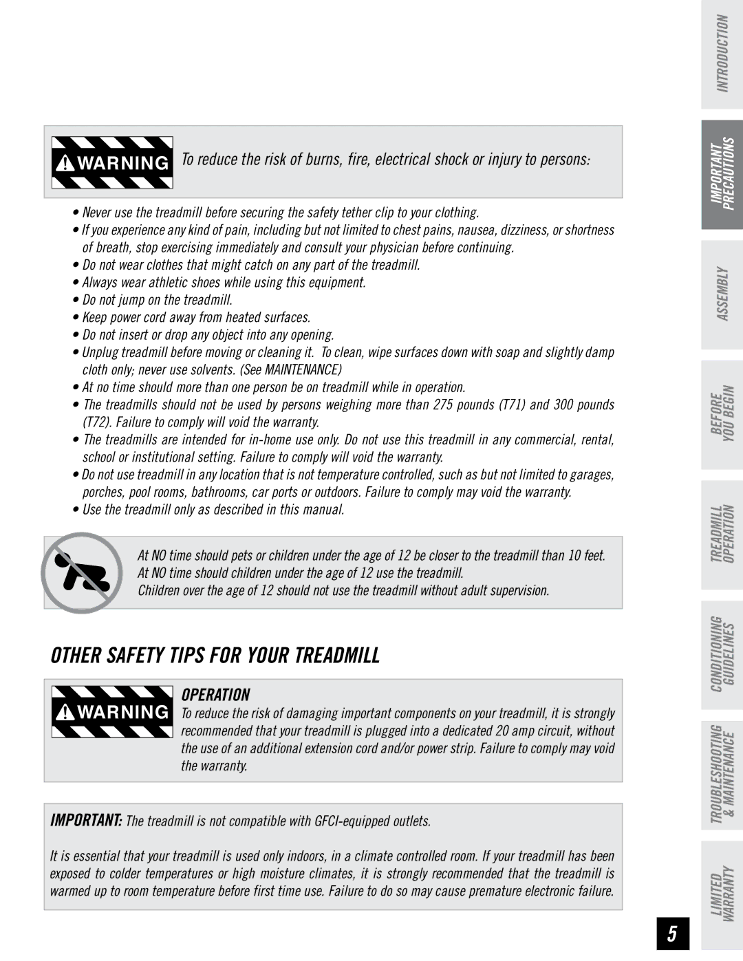 Horizon Fitness T71 T72 Operation, Use the treadmill only as described in this manual 