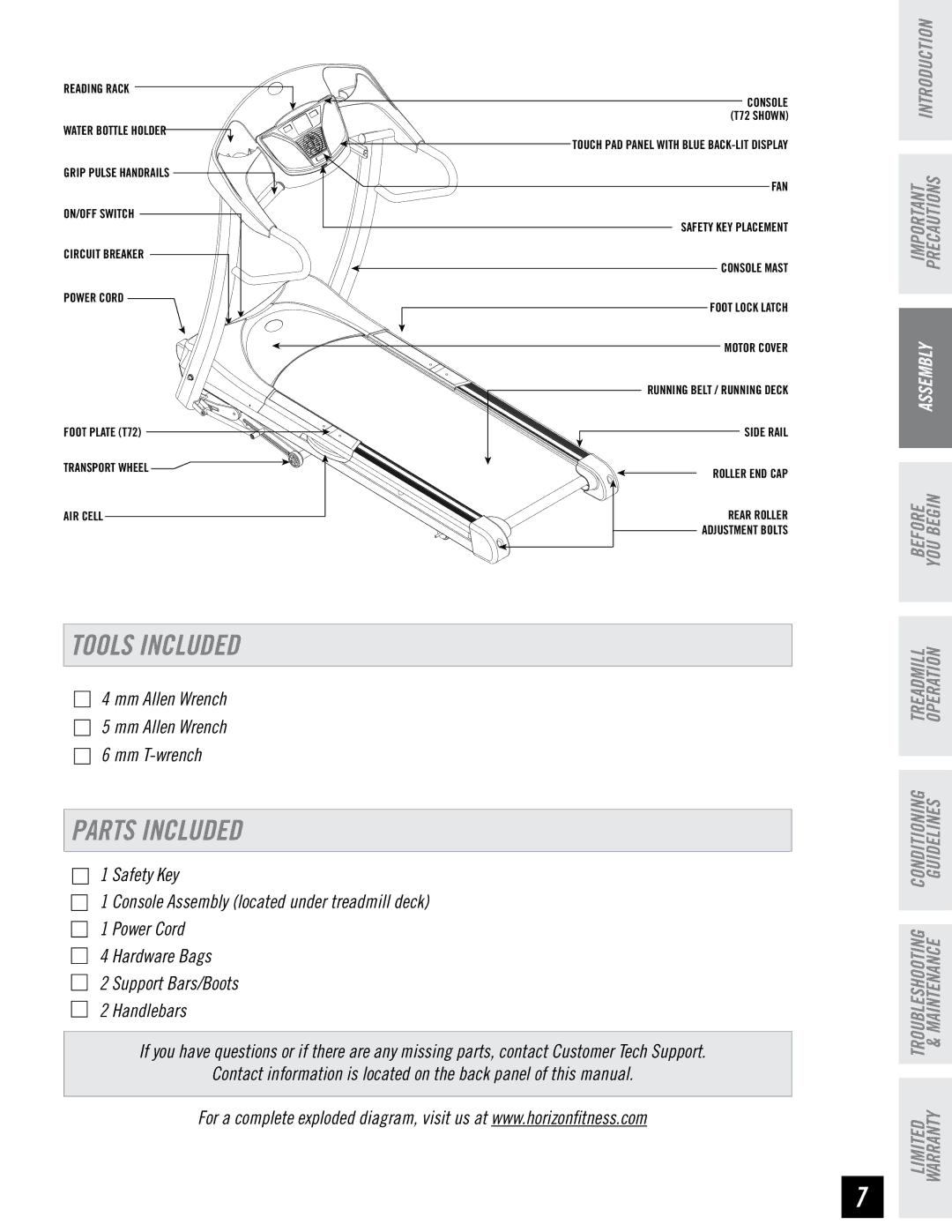 Horizon Fitness T71 T72 manual Tools Included 