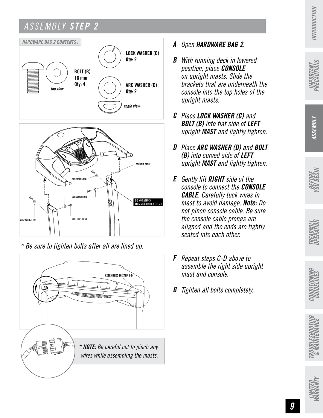 Horizon Fitness T71 T72 manual Position, place console, Upright masts, Seated into each other, Mast and console 