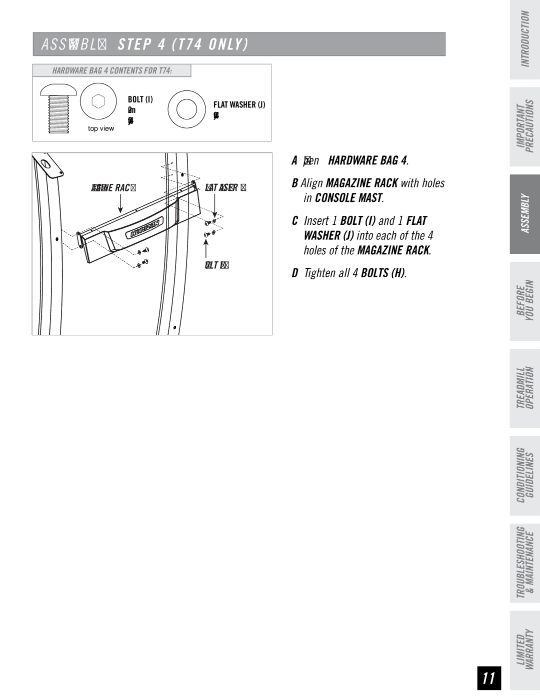 Horizon Fitness T73 manual S E M B LY T74 only, Tighten all 4 Bolts H 